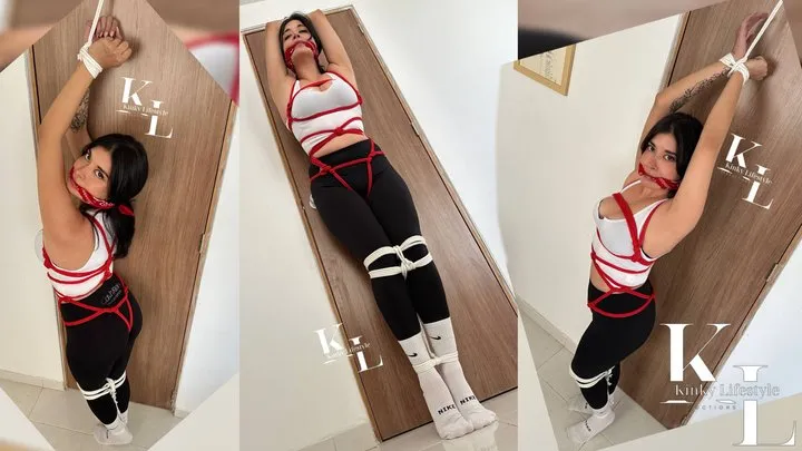 Simona's Blind Virtual Date Became a little too Real (Rope Bondage, Videocall, Roleplay, Struggling, Leggings, White Nike Crew Socks, Red Bandana Cleavegag, Door Tied)