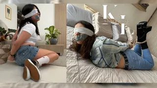 The Betrayal Escape: Luana Helps Simona from her Bounds (Rope Bondage, Blindfolds, TapeGag, Mouth Stuffed, HiTop Shoes, Denim Skirt, White Nike Crew Socks, White Crop Top, Tight Jeans, Boots, Hogtie) Censored Version