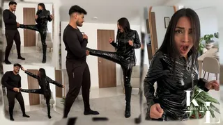 Catsuit Mara Kicks With Her Boots But Her Leg gets Caught Every Time (Fighting, Remove Boots, 1 Leg Hopping, POV, Foot Tickling, Foot Smelling)