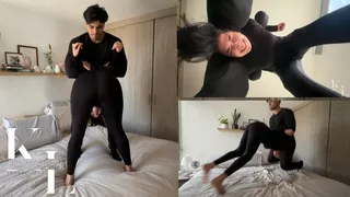 Wrestling Simona: Pedigree Hold Slammed on Bed (Black Long Sleeve, Black Leggings, Mixed Wrestling)