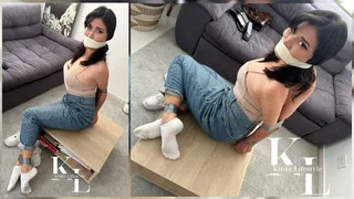 Panty Stuffer Broke in: Simona Tape Bound & Gagged (Microfoam WrapGag, Duct Tape Bound, White Socks, Jeans, AirF1, Hopping, Onscreen Gag, Phone feet )