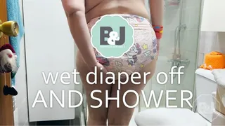 Wet diaper off and shower