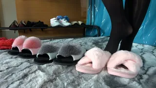 Try On 4 Different Fluffy Slippers in Shiny Pantyhose and Satin