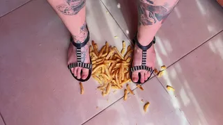 crush French fries in flat sandals