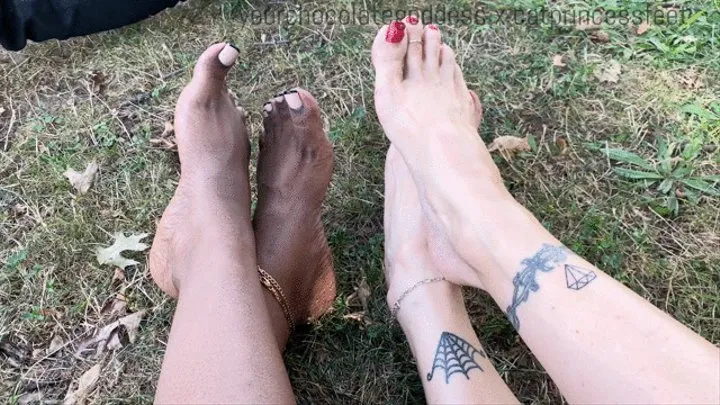 Yourchocolategoddess And Catprincessfeet sit outside while Bksoleman pours oil on our feet