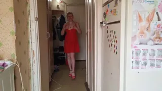 Pissing of a horny blonde in red dress