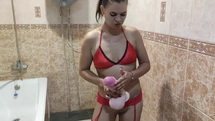 Masturbation with huge dildo in bathroom and squirting