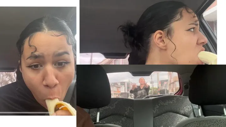 Embarrased latina gets Blowjob prank with banana in car