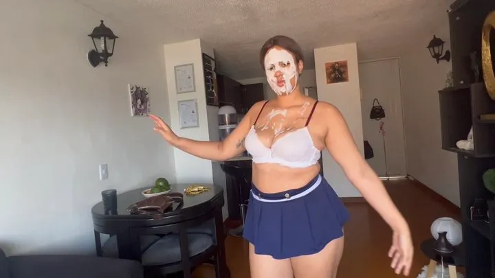 Slave dances happily with cum on her face