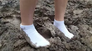 White socks in mud, dirty white socks, muddy white socks, muddy puddles socks walking