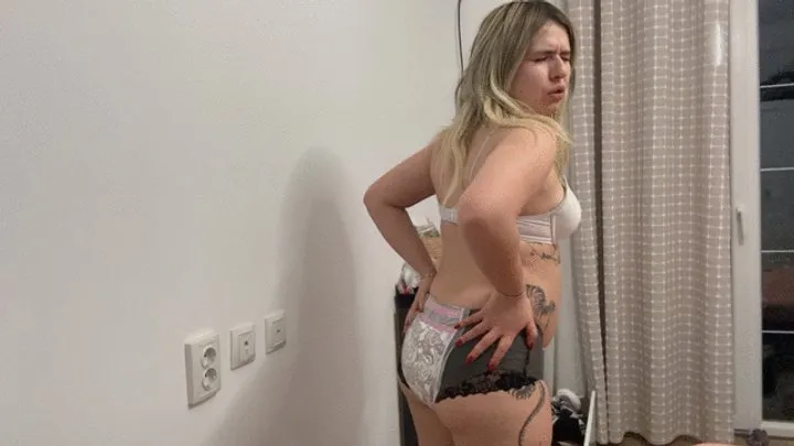 Bloated belly latina farting in diapers with face expressions