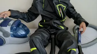 Vacuuming fun in my leather rainwear set