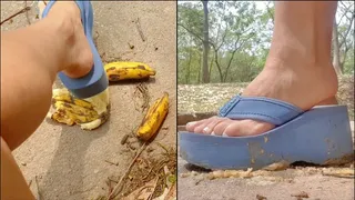 Crushing fruit in big flipflops