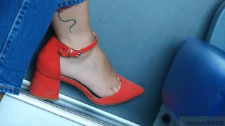 beauty feet with sexy red sandals, foot and shoe fetish watching