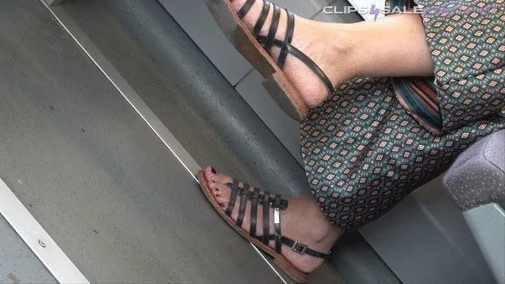 Candid mature feet foot fetish model with ruined sandals and wrinkled feet close-up pose and nice red polish toenails