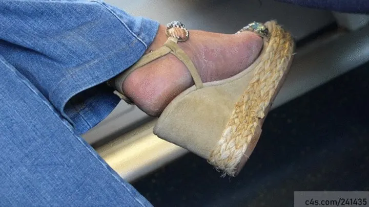 candid wrinkled mature feet in sandal wedges, nice foot fetish view