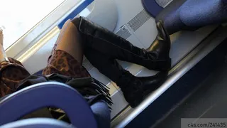 Brat girl with long boots on train seat, candid foot fetish, nice nylon legs