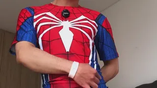 Horny spiderman shoots cum