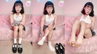 Cute, fit Asian girl shares her honest thoughts on foot fetishes while taking off her shoes and socks