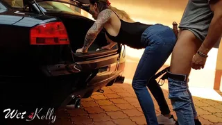 Next to car trunk, suck cock and cum on jeans