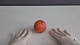 Peach crushing in long white latex gloves