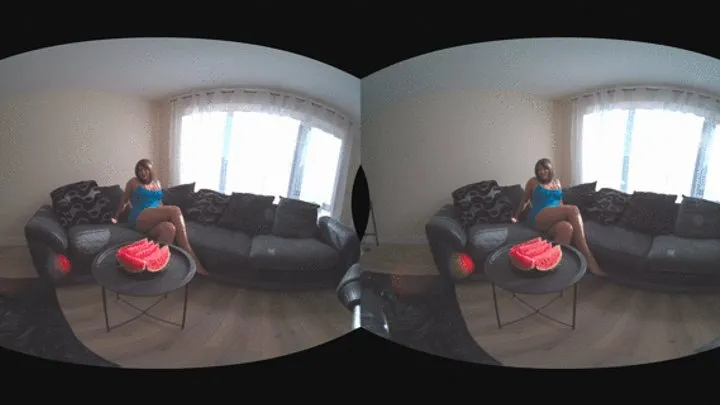 VR video Girl pee in blue yoga pants after watermelon