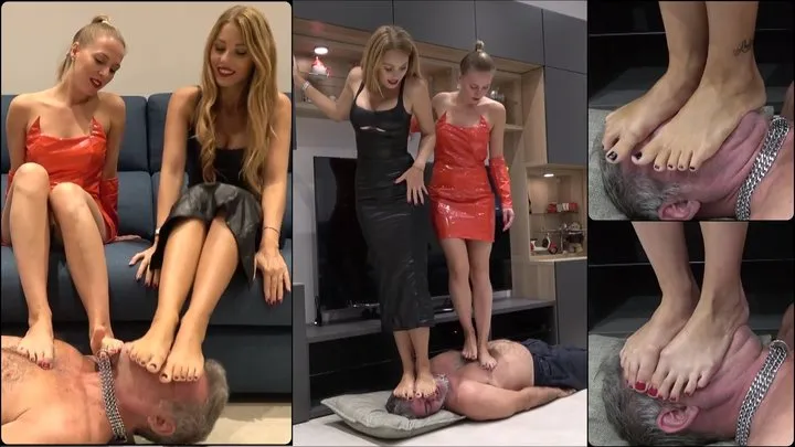 PRINCESS SOPHIE & GODDESS GABRIELLA - Playing with the footslave - HARD face standing, foot smothering, foot domination