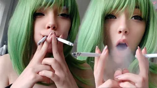 Cute Green Hair Egirl smoking 2 cigarettes at the same time