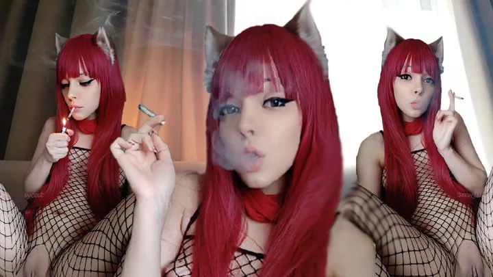 Adorable Egirl smoking in body fishnets and showing her puwussy