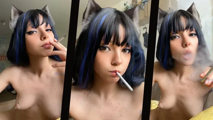 Smoking Naked by Cute Girlfriend