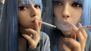 Blue Hair Goth Chick Smoking in bathroom