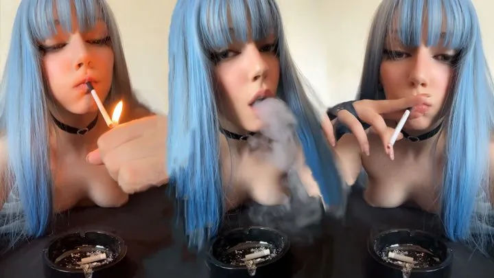 Bluehair Barely Legal Alt Girl with Titties out smoking