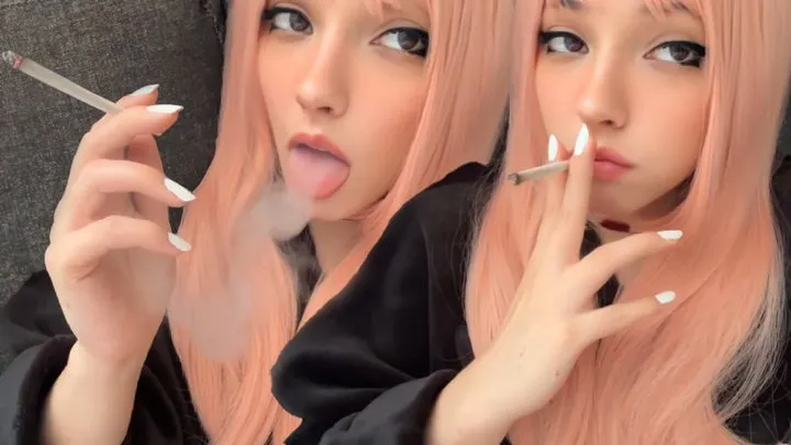 Cute Pink Egirl smokin up close and personal in your face