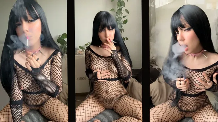 Goth Girl in Body Fishnet Smoking