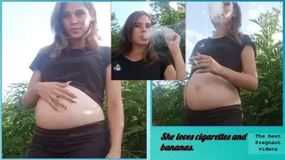 Nadia- Very pregnant woman smokes strong cigarettes and an e-cigarette, enjoying herself in nature