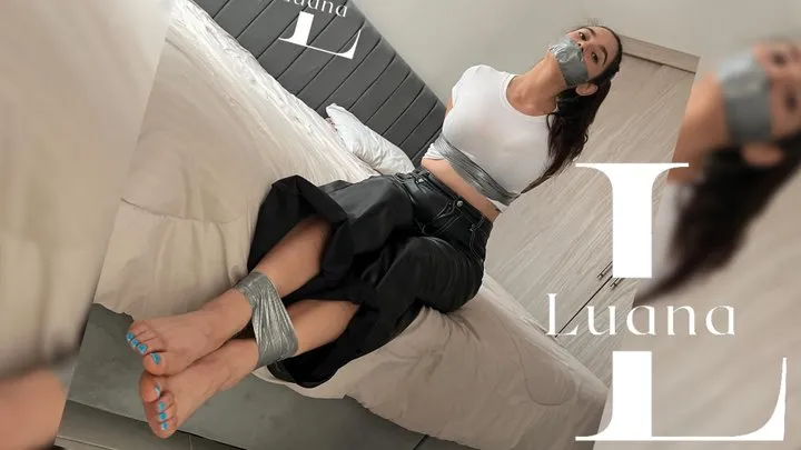 Taped Up Next Door Luana 2: Leather Pants & White Crop Top (Barefoot, Blue Nails, Duct Tape Gagged, Bed)