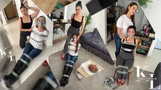Luana & Simona: Bribes and Bondage (Duct Tape, High Heels, Boots, Watches, Crossed Hands, WrapGag, Mouth Stuffed, Chair Tied, Jeans, Dress Pants)