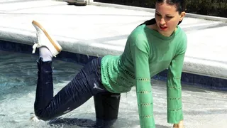 Urban Chic Zura Takes the Plunge: Jeans and Sweater Pool Adventure