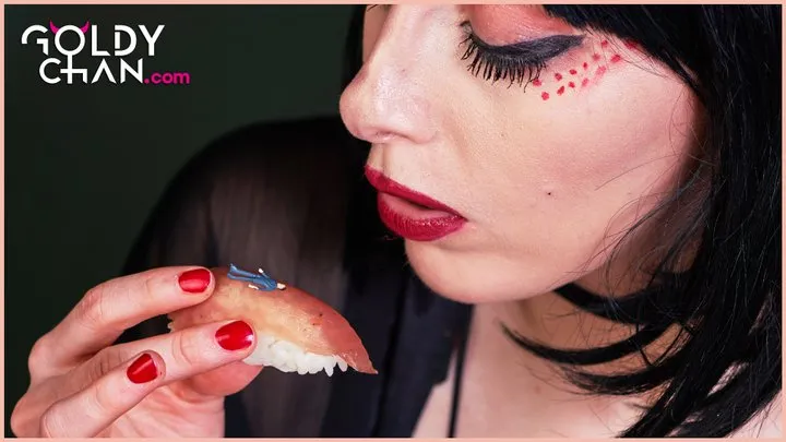 Giantess eating tiny men on sushi