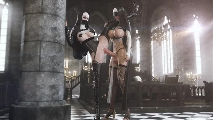 Nun takes a big futanari cock in tight pussy till creampie