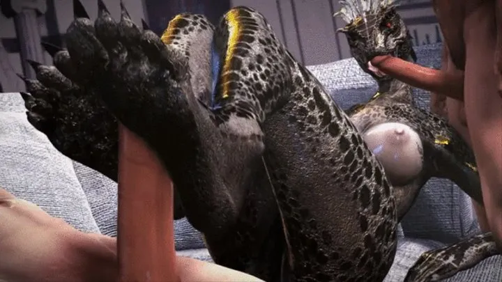 Weird lizard gets double penetrated by two human cocks