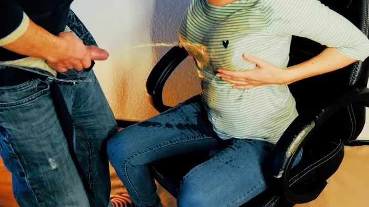 Mess on the office chair in striped shirt, funny socks and tight jeans (artwork without audio)