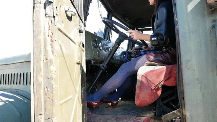 Girl in high heels tames USSR monster truck - pedal pumping