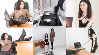 High-heeled student and teacher fight over an exam and a long-haired hottie smashes her laptop with her heels