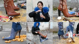 Beautiful Russian girl destroying food with high heels