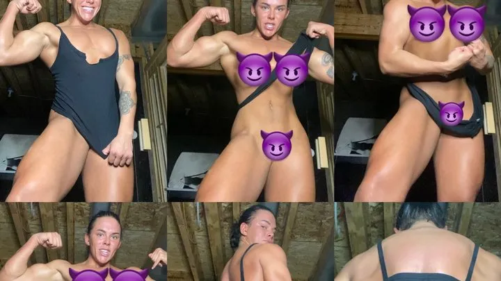 Nude Shirt Ripping, Grunting, Aggressive Female Bodybuilder Muscular Woman Flexing Sweaty