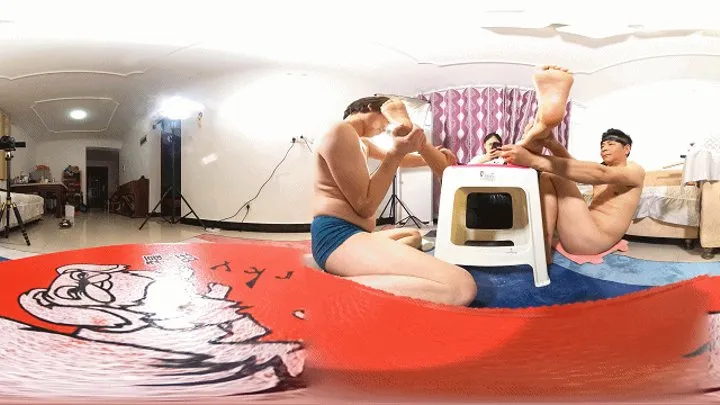 Two slaves massage the toes of the hostess 360VR