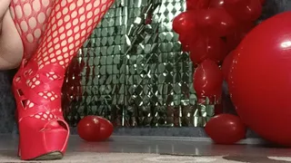 high heels poping red hearts balloons