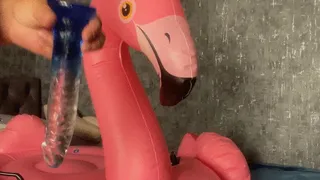 hot nacked girl poping inflatable flamingo