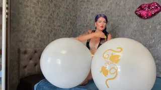 Girl in latex body sittopop 3 36inch balloons